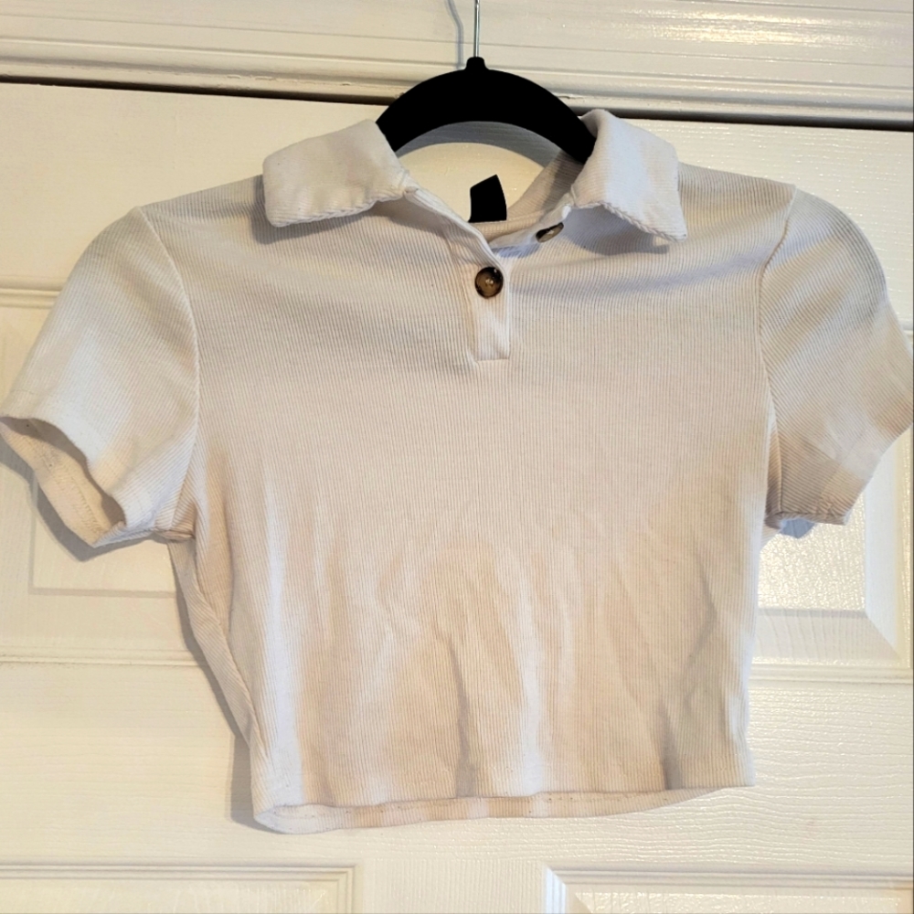 Used, white collar neck button up crop top from SHEIN